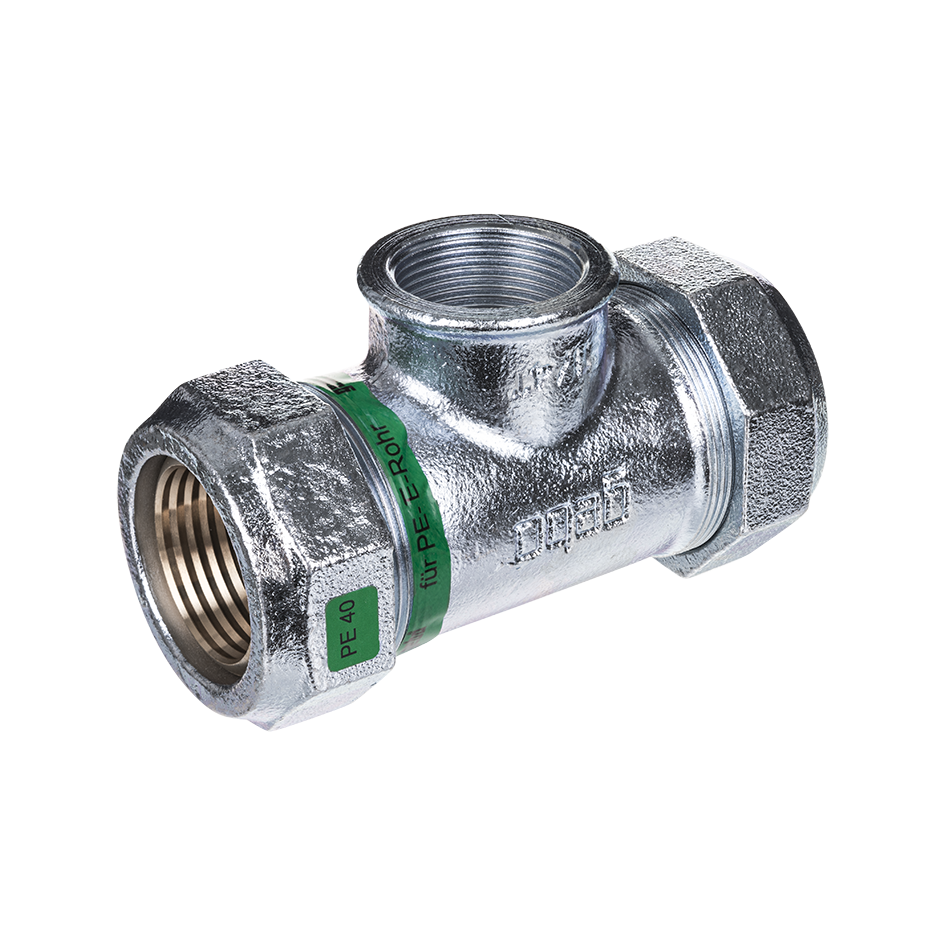 Gebo T-idom mindkét végén szorítógyűrűs csatlakozással, belsőmenetes leágazással - KPE CSŐRE