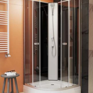 Sanimix 22.1762A-90 üveghátfalas íves zuhanykabin tető nélkül, zuhanytálcával 90X90X200