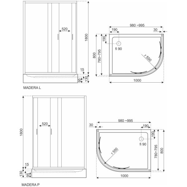 Madera 100x80 univerzális íves zuhanykabin tálca nélkül - Image 3