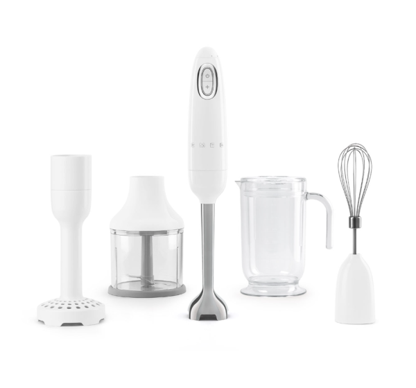 SMEG BOTMIXER SZETT, retro, fehér, tartalma: botmixer, keverőedény, pürésítő feltét, habverő, aprító - HBF22WHEU