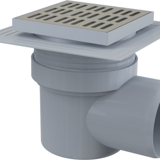 Alcaplast APV12 Padlóösszefolyó 150×150/110 mm vízszintes, rozsdamentes rács, karima a 2.szintű szigeteléshez, vizes bűzzár