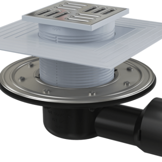 Alcaplast APV3344 Padlóösszefolyó 105×105/50/75 mm vízszintes, rozsdamentes rács, rozsdamentes szigetelés rögzítő karima a 2.szintű szigeteléshez, vizes és száraz bűzzár