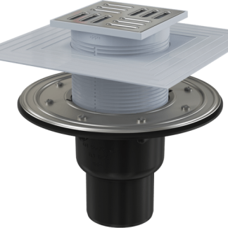 Alcaplast APV4344 Padlóösszefolyó 105×105/50/75 mm függőleges, rozsdamentes rács, rozsdamentes szigetelés rögzítő karima a 2.szintű szigeteléshez, vizes és száraz bűzzár