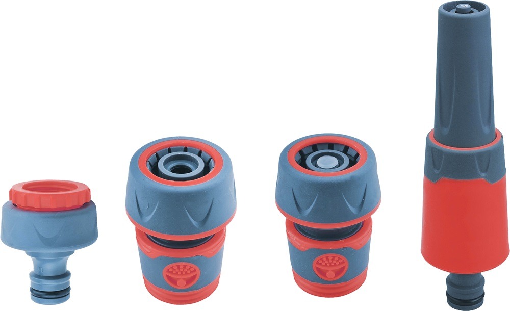 Extol 8876490 locsoló alap szett, 1/2" tömlőhöz; 4 db (1db szórófej, 2 db gyorscsatlakozó, 1 db kuplung csatlakozó 1/2"-3/4")
