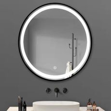TMP IRON fürdőszobai tükör - FEKETE keret - kerek - LED világítással - 70 cm