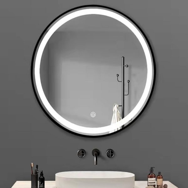 TMP IRON fürdőszobai tükör - FEKETE keret - kerek - LED világítással - 70 cm
