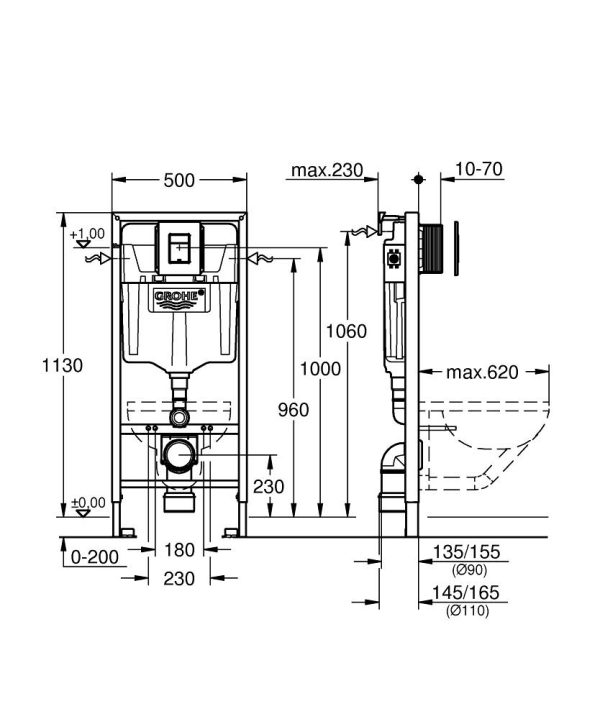 Grohe Solido Beépíthető WC tartály 113 cm Rapid SL szerelő kerettel és fekete nyomólappal 38811KF0 - Image 2