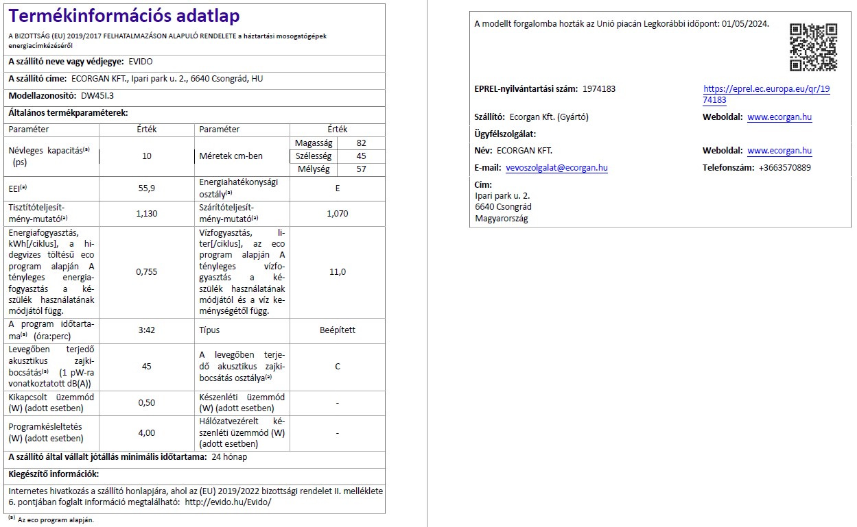 Evido AQUALIFE 45i teljesen integrált mosogatógép 45 cm E energiaosztály - DW45I-3 - Image 2