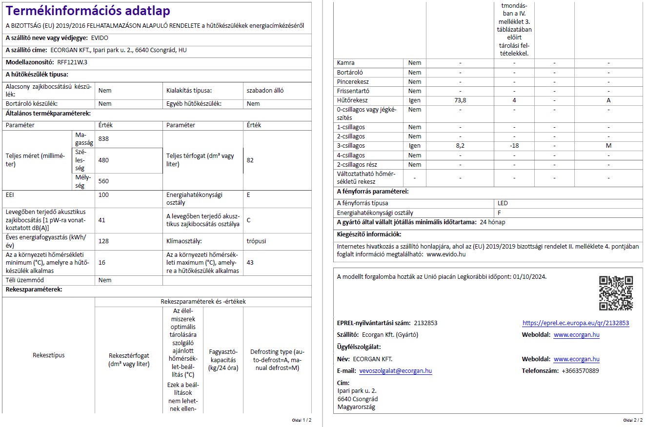 EVIDO ICELIFE NEO szabadonálló hűtő, fagyasztó rekesszel, 48x83,8 cm, 1 ajtós, 82 l, E energiaosztály, fehér - RFF121W-3 - Image 2