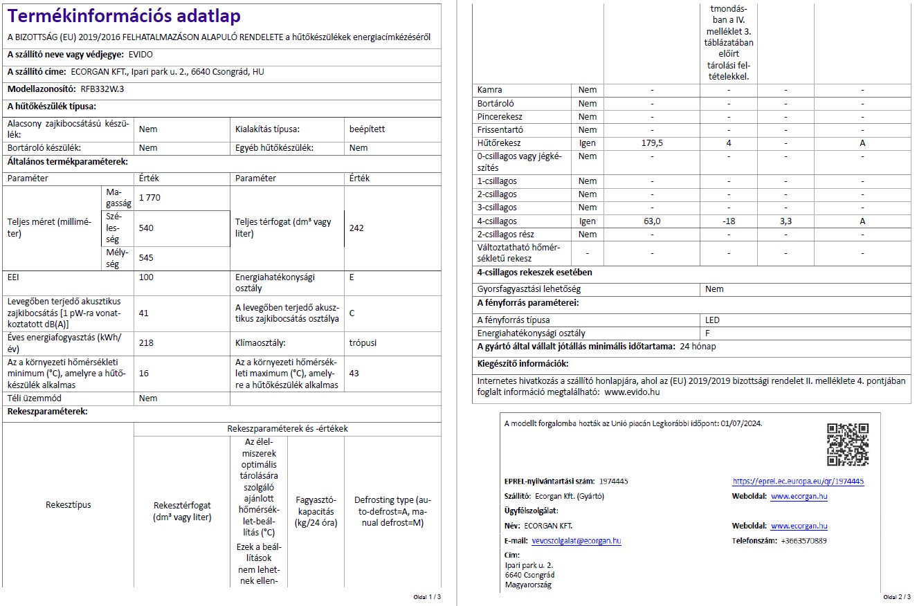 Evido IGLOO 332W beépíthető 2 ajtós hűtő és fagyasztó - RFB332W-3 - Image 2