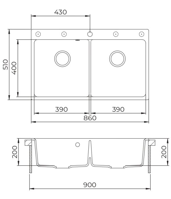 EVIDO Quadro 9 gránit mosogató, 860 x 510 mm, platina - Image 3