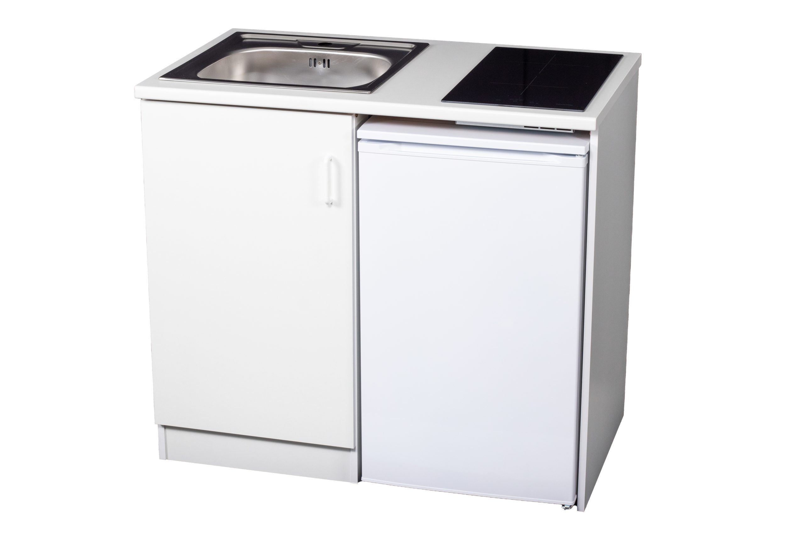 Evido Weekend minikonyha jobb oldali hűtővel, indukciós főzőlappal, egymedencés rozsdamentes mosogatóval 442019