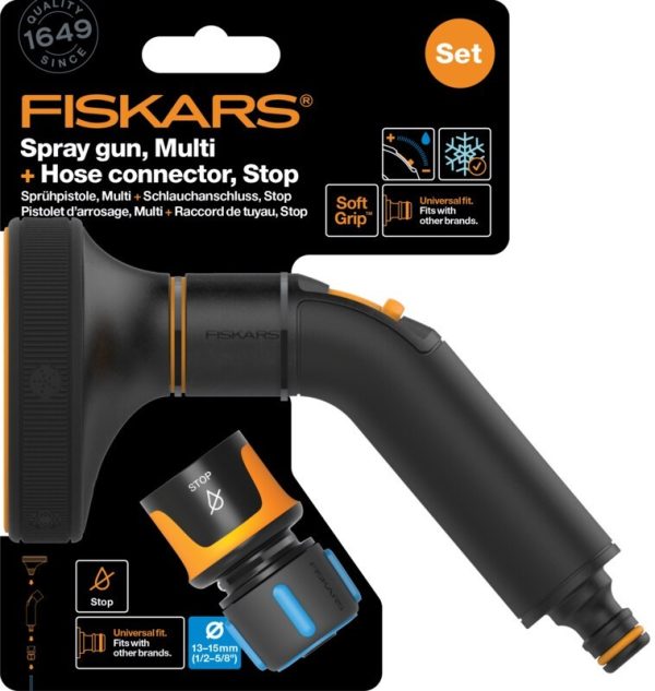 Fiskars Comfort locsolópisztoly, multi + CF tömlőcsatlakozó 13-15mm, STOP
