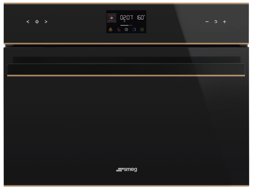 SMEG KOMPAKT KOMBINÁLT MIKROHULLÁMÚ SÜTŐ, Dolce Stil Novo design, Galileo, 45 cm, ES LCD, fekete üveg, réz dísz - SO4602M1NR