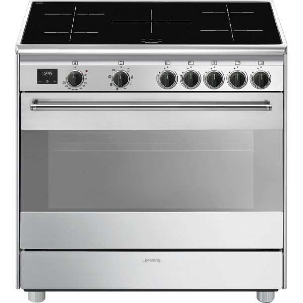 SMEG SZABADONÁLLÓ TŰZHELY, Classic design, 90 cm, 1 sütőtér, indukciós főzőlap, matt fekete gombok, inox - KLF04PKEU