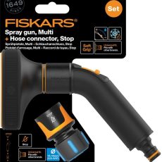 Fiskars Comfort locsolópisztoly, multi + CF tömlőcsatlakozó 13-15mm, STOP