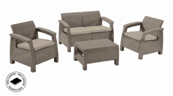 Keter Corfu kerti bútor szett kétszemélyes kanapé + két fotel + asztal, cappuccino - 610351