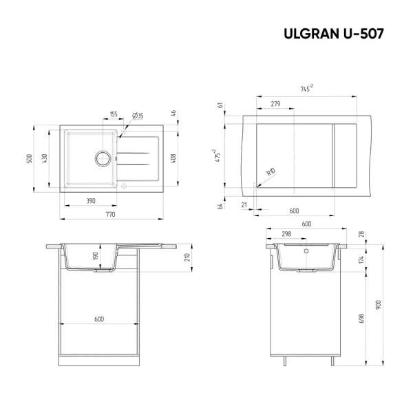 Ulgran U-507 Gránit egymedencés csepptálcás mosogatótálca 770 x 500 x 210 mm + Gamma Nexo Mosogató Rugalmas Csaptelep Szett - Matt Fekete - Image 2
