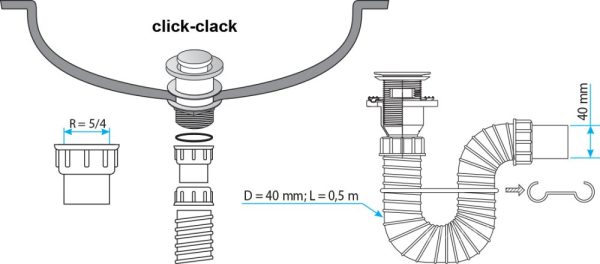 TEXO KLIKK- KLAKK króm sr. mosdószifon flexibilis cső, túlfoly. leeresztő - Ø 5/4" x 0,5 m x Ø 40 mm - Image 2