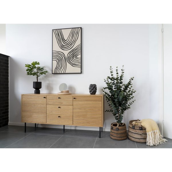 Kyoto komód 3 fiókkal, 2 ajtóval, tölgyfa furnér, natúr, fekete fém lábakkal, 150x40x74 cm - Image 9