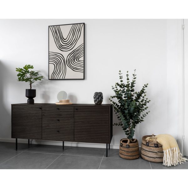 Kyoto komód 3 fiókkal, 2 ajtóval, tölgyfa furnér, füstölt, fekete fém lábakkal, 150x40x74 cm - Image 7