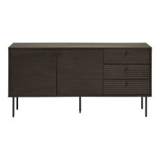 Kyoto komód 3 fiókkal, 2 ajtóval, tölgyfa furnér, füstölt, fekete fém lábakkal, 150x40x74 cm