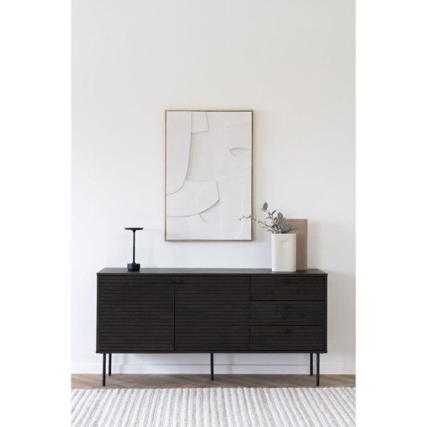 Kyoto komód 3 fiókkal, 2 ajtóval, tölgyfa furnér, füstölt, fekete fém lábakkal, 150x40x74 cm - Image 6