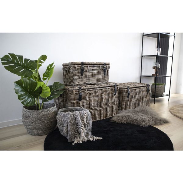 Depok tárolókosár, kubu rattan, bőr fogantyúval, szürke, 3 db - Image 2