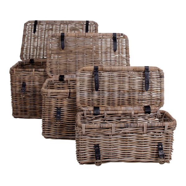 Depok tárolókosár, kubu rattan, bőr fogantyúval, szürke, 3 db - Image 3