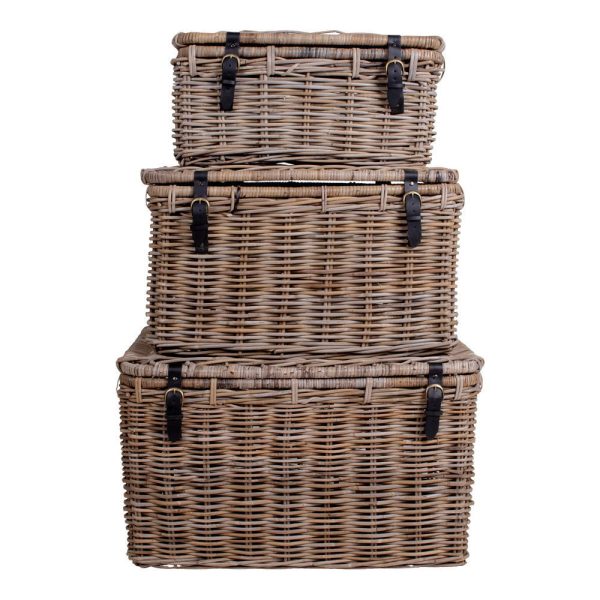 Depok tárolókosár, kubu rattan, bőr fogantyúval, szürke, 3 db - Image 4