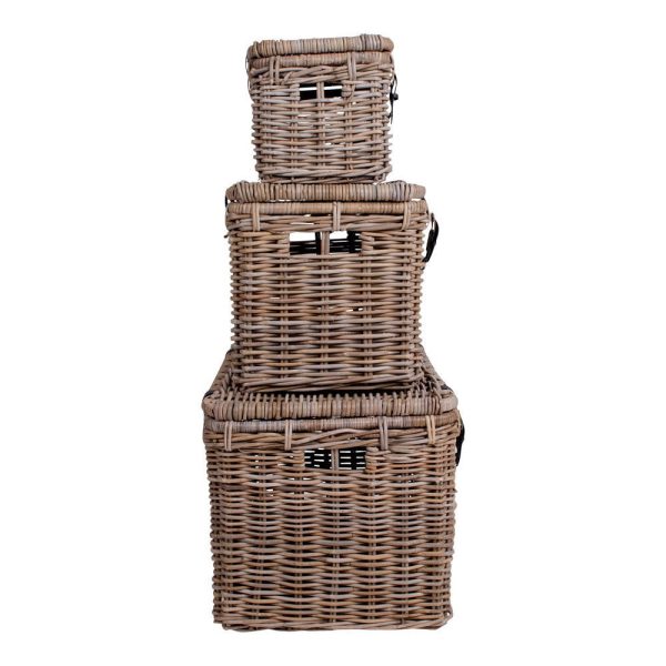 Depok tárolókosár, kubu rattan, bőr fogantyúval, szürke, 3 db - Image 5
