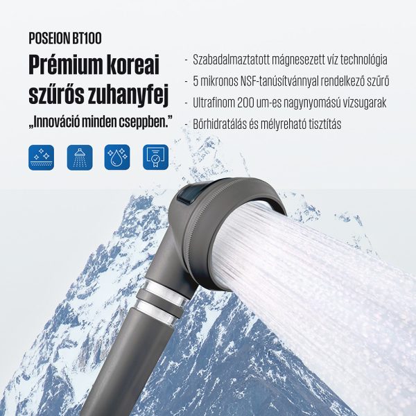 POSEION BT100® Prémium koreai revitalizáló zuhanyfej vízszűrővel, mágneses-ionizáló technológiával, szürke - BT100DG - Image 8