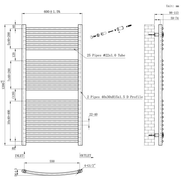 Íves törölközőszárító radiátor 1200x600 mm fekete - Image 3