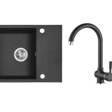 RIO MINI SZETT minicsepptálcás gránit fekete mosogató szifonnal, csappal 56x44x17,5 cm