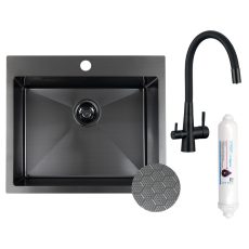 LAVEO MALAWI inox grafit színű beépíthető inox mosogató szifonnal, RIVECO vízszűrős szettel, 50x58x20 cm - SLMA_510F