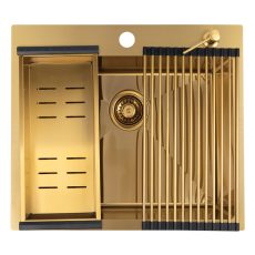 LAVEO MALAWI arany színű beépíthető inox mosogató szifonnal, rollmat csepegtetővel, gyümölcsmosóval, mos.szer adagolóval, 50x58x20 cm - SLMA_G10D