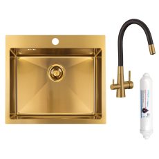 LAVEO MALAWI arany színű beépíthető inox mosogató szifonnal, RIVECO vízszűrős szettel, 50x58x20 cm  -SLMA_G10F