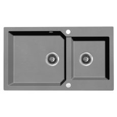 Laveo MILOS 2M 90 kétmedencés gránit szürke mosogató helytakarékos dugókiemelős szifonnal - SPM_5208