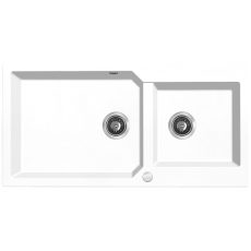 Laveo MILOS 2M 100 kétmedencés fehér gránit mosogató helytakarékos dugókiemelős szifonnal - SPM_6209