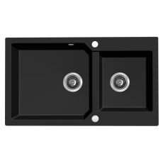 Laveo MILOS 2M 90 kétmedencés matt fekete gránit mosogató helytakarékos dugókiemelős szifonnal - SPM_B208