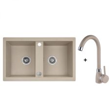 Laveo BARBADOS kétmedencés bézs szett álló csappal dugókiemelős helytakarékos szifonnal - SRBA_420T