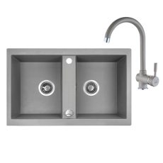 Laveo BARBADOS szürke kétmedencés szett álló csappal, dugókiemelős helytakarékos szifonnal - SRBA_520T