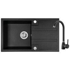 Laveo BARBADOS csepptálcás szemcsés fekete szett álló csappal dugókiemelős helytakarékos szifonnal - SRBA_711T