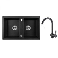 Laveo BARBADOS kétmedencés szemcsés fekete szett álló csappal, dugókiemelős helytakarékos szifonnal - SRBA_720T