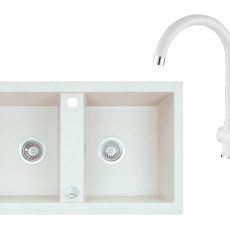 Laveo BARBADOS kétmedencés fehér szett álló csappal dugókiemelős helytakarékos szifonnal - SRB_620TL