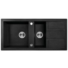 Laveo BARBADOS szemcsés fekete 1,5 medencés mosogató dugókiemelős helytakarékos szifonnal - SRB_731T