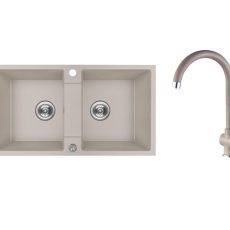 RIO 2M SZETT kétmedencés gránit bézs mosogató szifonnal, csappal, 80x44x18,6 cm