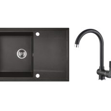 RIO 1CS SZETT egymedence csepptálcás gránit fekete mosogató szifonnal, csappal, 76x44x17,5 cm