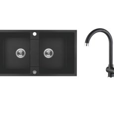 RIO 2M SZETT kétmedencés gránit fekete mosogató szifonnal, csappal, 80x44x18,6 cm
