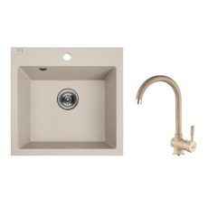 PAULO SZETT gránit egymedencés bézs mosogató csappal, szifonnal, 49x49x21,4 cm